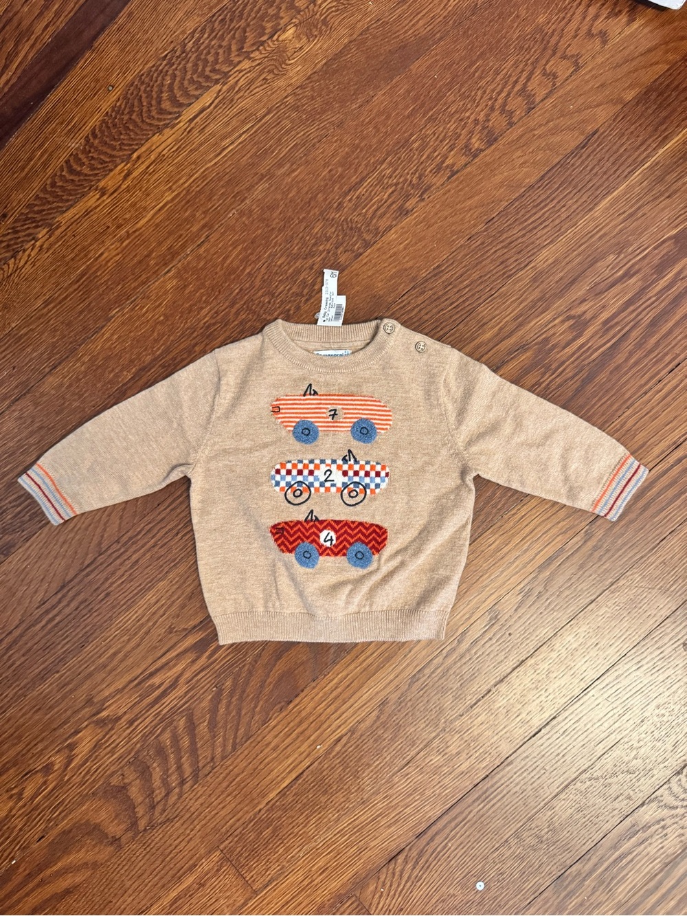 Mayoral Beige Knit Sweater with Colorful Car Motifs